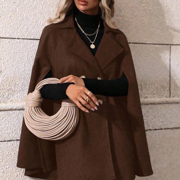 Coffee Brown Elegant Women's Minimalist Poncho Overcoat - Picture 6 of 7